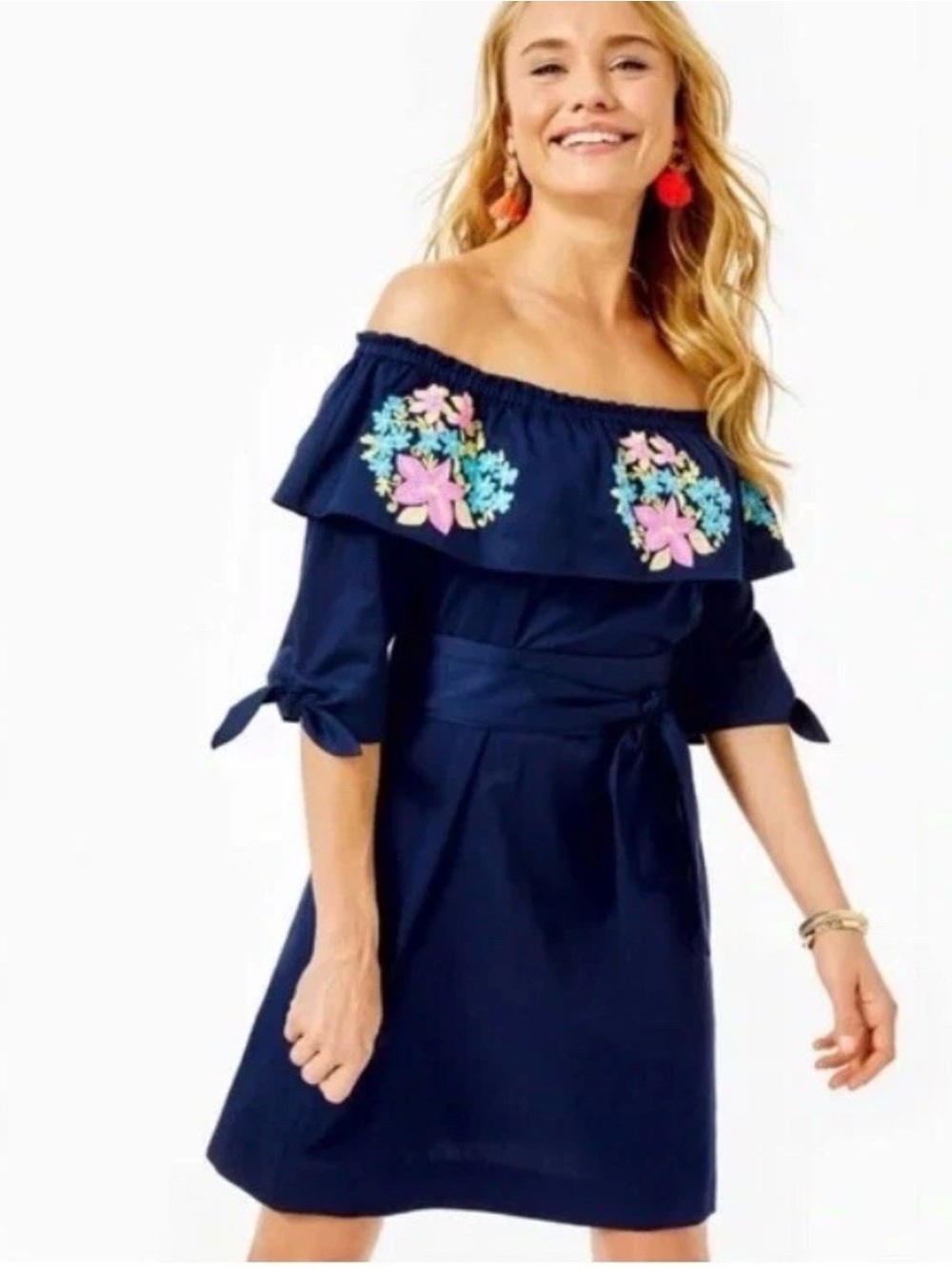 Lilly Pulitzer Vanessa Off the Shoulder dress True Navy Embroidered Women’s XL